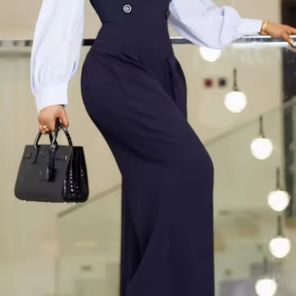 Women's Work Suit Lapel Collar Long Sleeves Split-join High Waist Loose Overalls - Picture 3 of 4